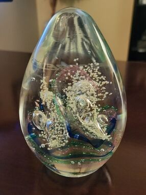 Handblown Glass Art Paperweight - Clear with Blue, Green, Pink Accents
